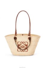 Loewe Women Anagram Basket bag in iraca palm and calfskin 206XF18 Natural/Tan