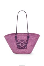 Loewe Women Anagram Basket bag in iraca palm and calfskin 206XF83 Purple