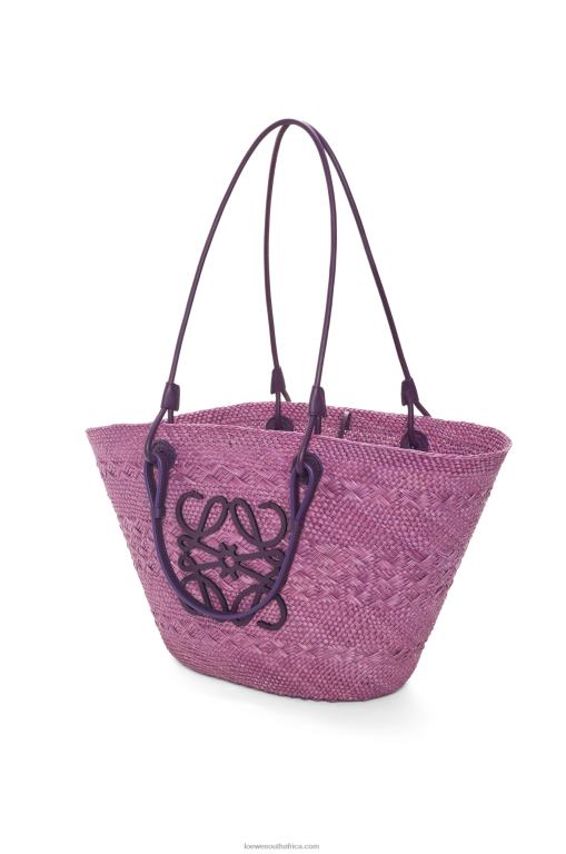Loewe Women Anagram Basket bag in iraca palm and calfskin 206XF83 Purple - Image 3