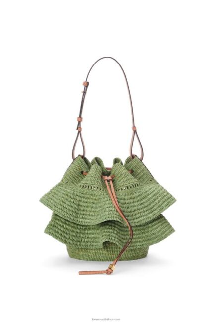 Loewe Women Balloon Ruffles bag in raffia and calfskin 206XF66 Green/Tan