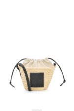 Loewe Women Drawstring bucket bag in palm leaf and calfskin 206XF24 Natural/Black
