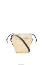 Loewe Women Drawstring bucket bag in palm leaf and calfskin 206XF24 Natural/Black - Image 3