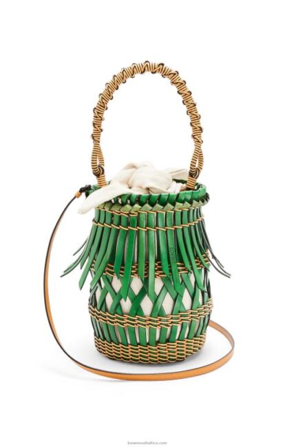 Loewe Women Fringes Bucket bag in calfskin 206XF184 Green/Honey