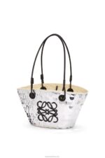 Loewe Women Small Anagram basket in sequinned iraca palm and calfskin 206XF109 Silver - Image 3