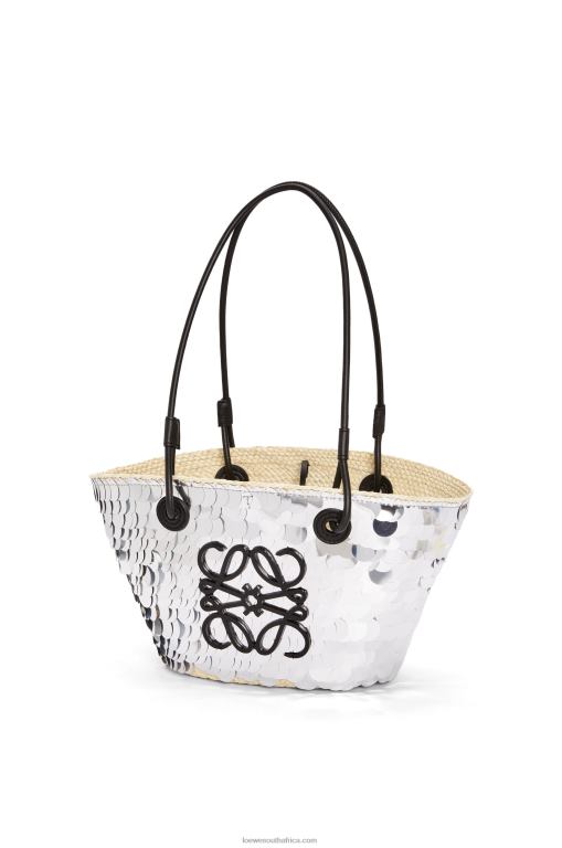 Loewe Women Small Anagram basket in sequinned iraca palm and calfskin 206XF109 Silver - Image 3
