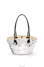 Loewe Women Small Anagram basket in sequinned iraca palm and calfskin 206XF109 Silver - Image 4