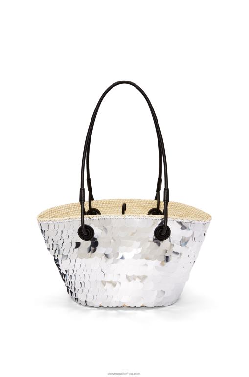 Loewe Women Small Anagram basket in sequinned iraca palm and calfskin 206XF109 Silver - Image 4
