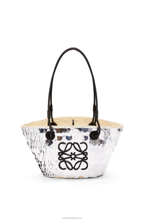 Loewe Women Small Anagram basket in sequinned iraca palm and calfskin 206XF109 Silver - Image 1