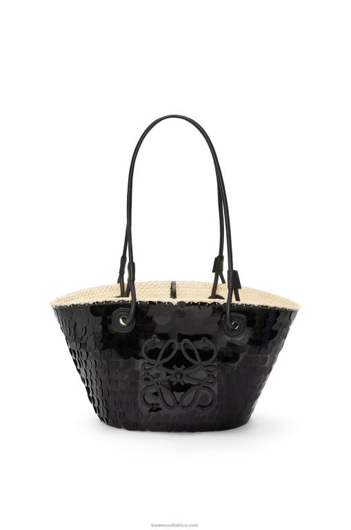 loewe_women_small_anagram_basket_in_sequinned_iraca_palm_and_calfskin_206xf71_black.jpg Loewe Women Small Anagram basket in sequinned iraca palm and calfskin 206XF71 Black - Image 1