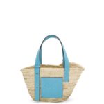 Loewe Women Small Basket bag in palm leaf and calfskin 206XF57 Light Blue